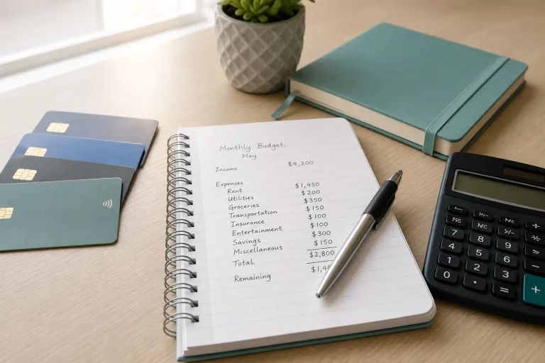 Credit cards and budget notebook on a desk for a debt payoff plan