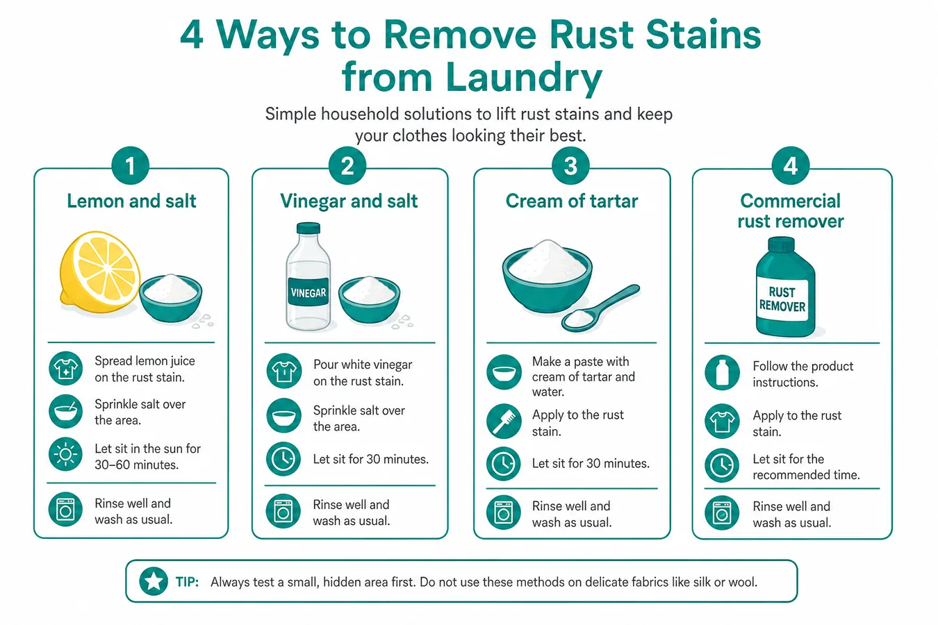Iron and rust stain removal methods: lemon and salt, vinegar and salt, cream of tartar, commercial rust remover