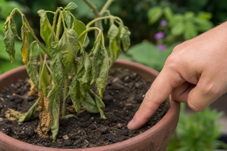 Checking soil moisture on a wilted outdoor plant