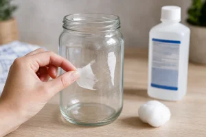 Hands peeling a sticky price tag from a glass jar with rubbing alcohol nearby