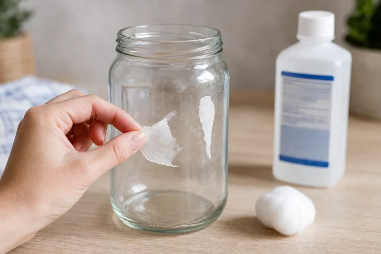 Hands peeling a sticky price tag from a glass jar with rubbing alcohol nearby