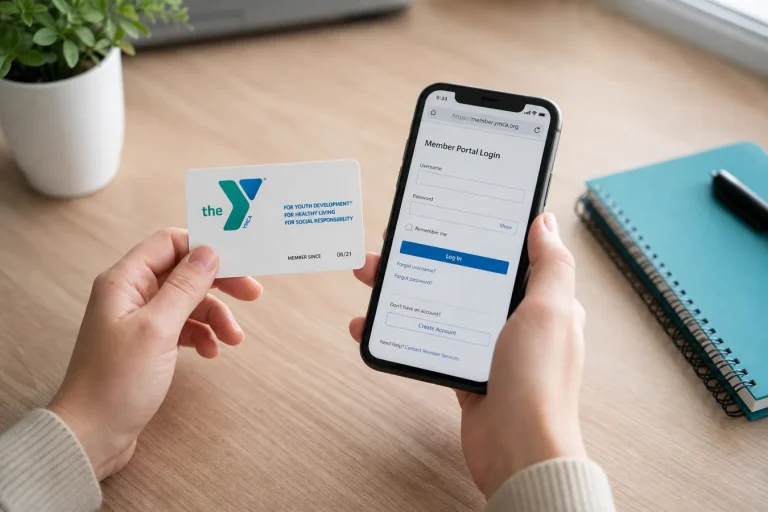 Membership card and phone on a desk ready to cancel a YMCA membership online